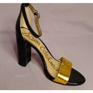 Sam Edelman Black and Gold Glitter Leather Ankle Strap High Heels